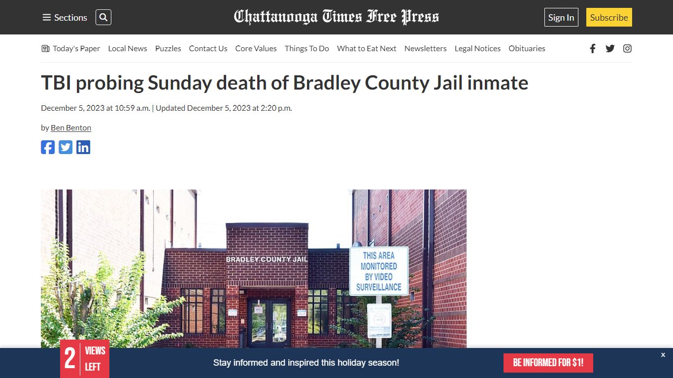 TBI probing Sunday death of Bradley County Jail inmate